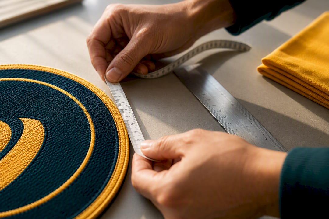 Measuring tape beside an embroidered patch edge