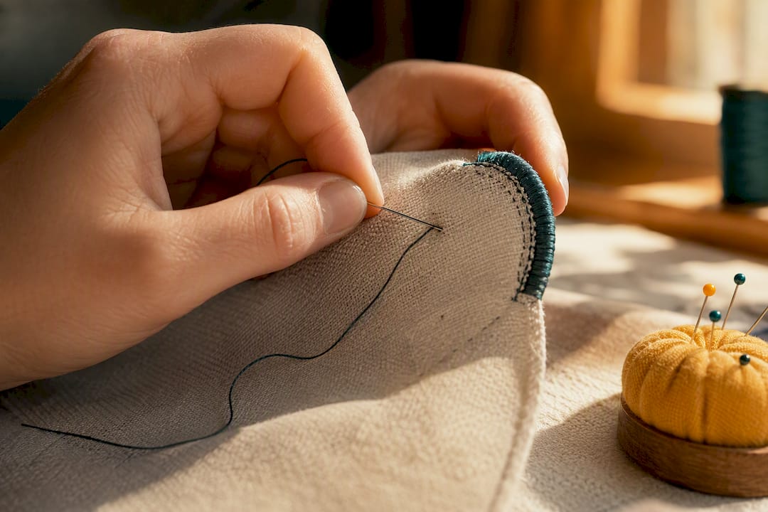 Hands stitching a patch from the back