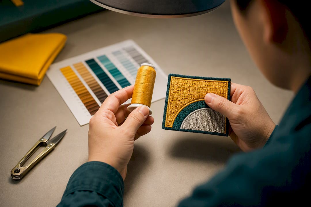 Technician comparing thread with embroidery sample