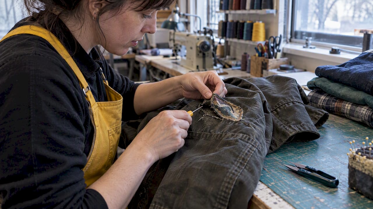 Technician carefully removing fabric patch