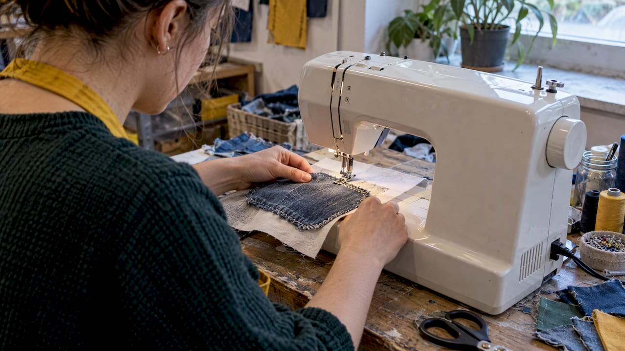 Maker stitching a stabilized upcycled patch