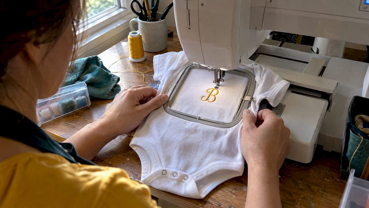 Small monogram stitched inside a onesie hoop