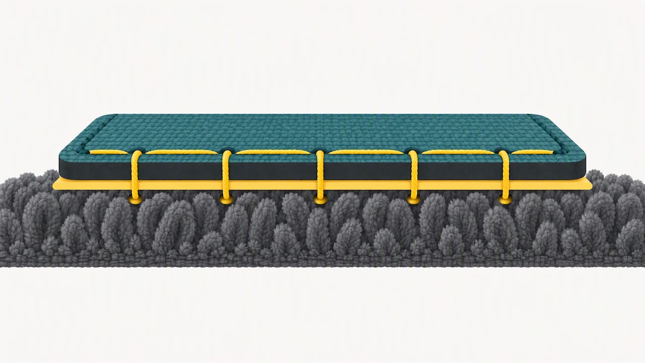 Stitches secure a patch onto pile fabric