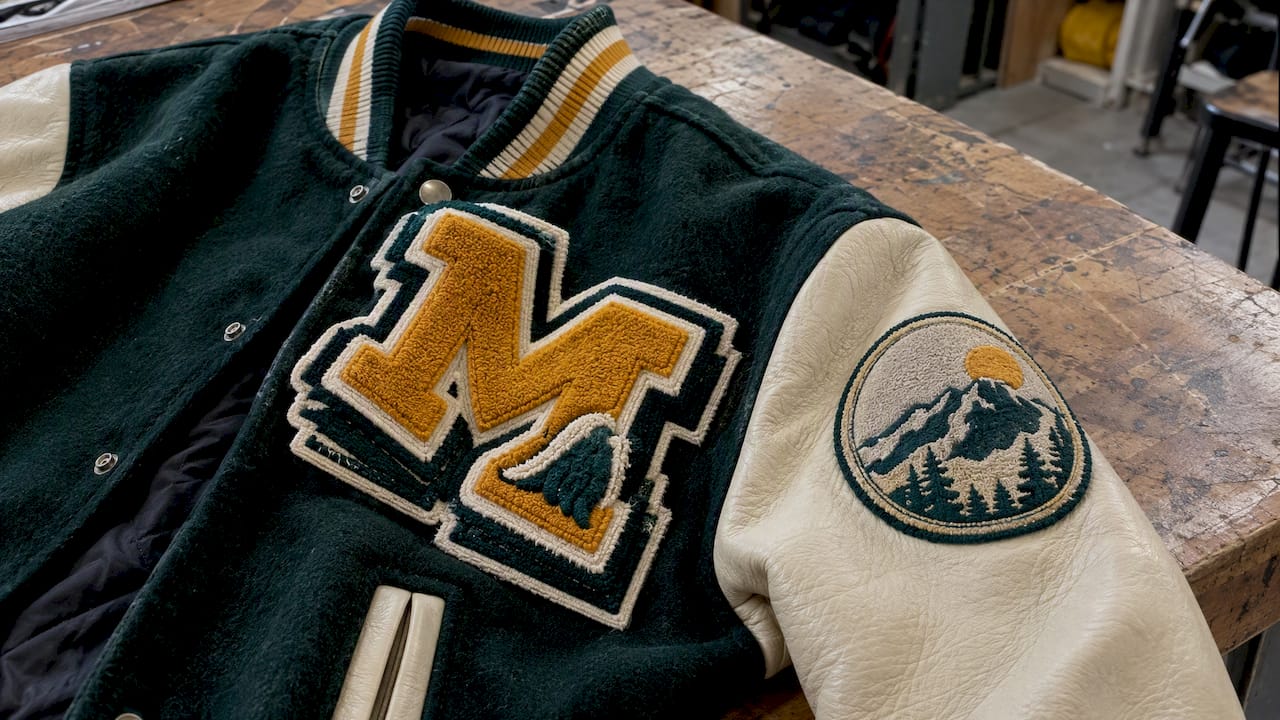 Chenille and woven patches on a jacket