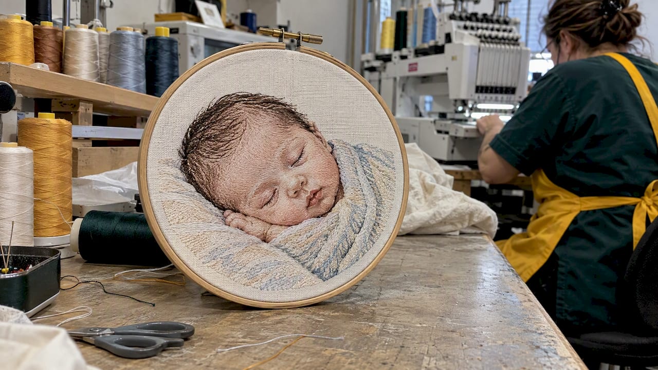 Embroidered sleeping-baby portrait in a hoop