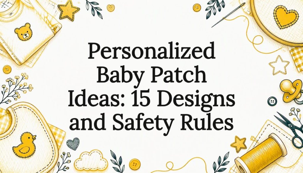 Hand-drawn baby patches frame the title
