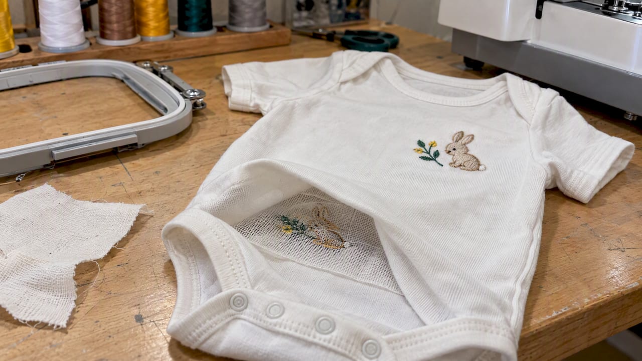 Soft mesh stabilizer beneath embroidered baby knit
