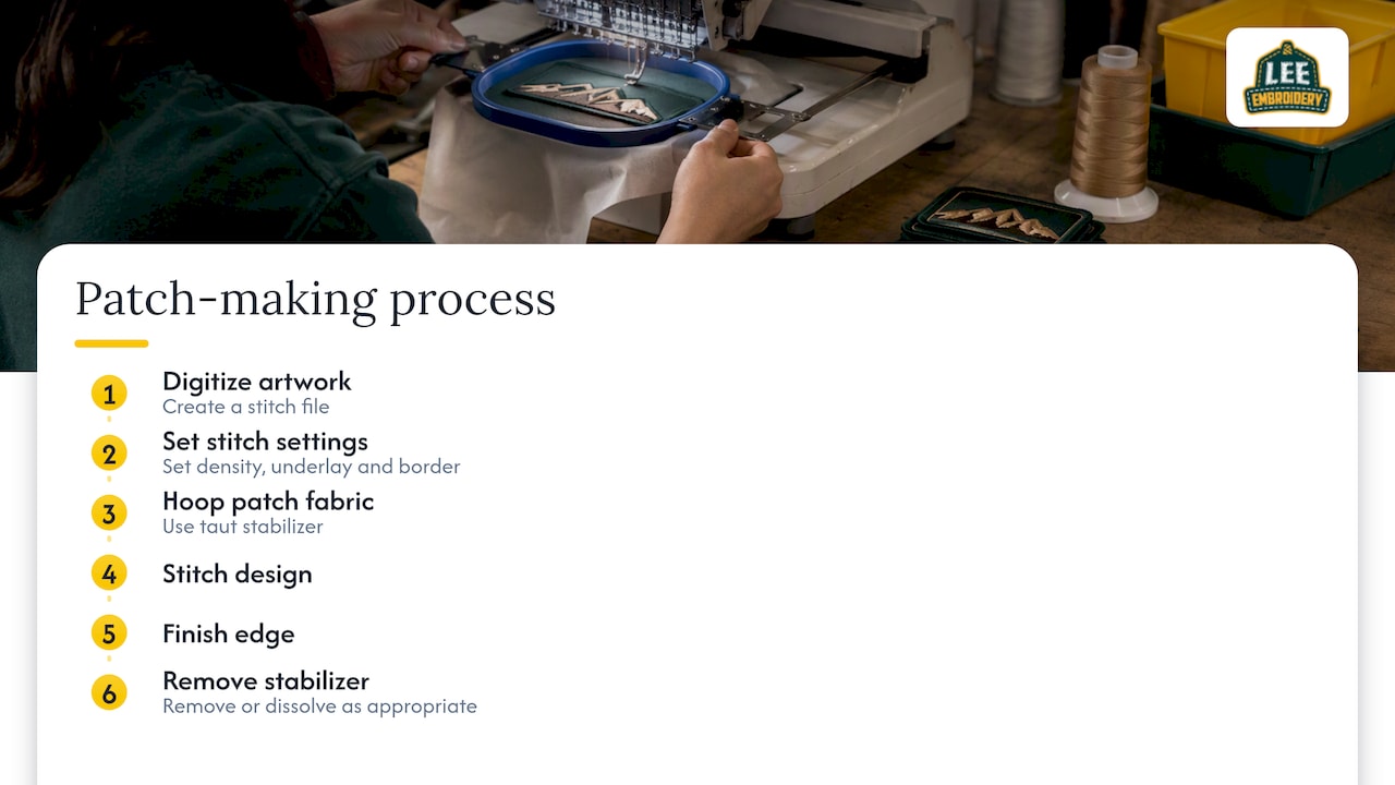 Six stages of making an embroidered patch